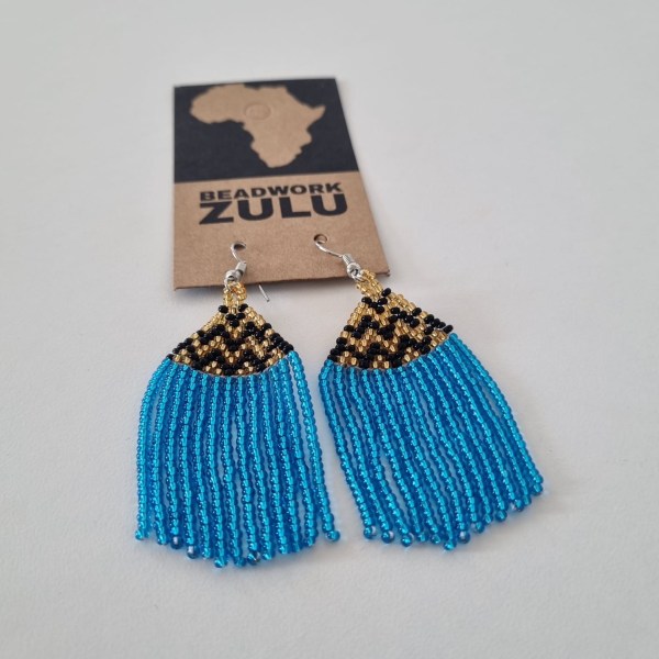 African Beaded Earrings Phinda Blue Gold Black