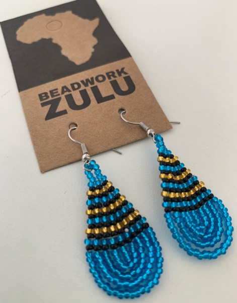 Small Beaded Ear Rings Teardrop Blue Gold Black