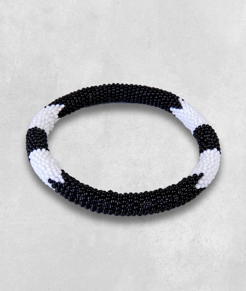 african beaded bangle thin rope black white bead 1