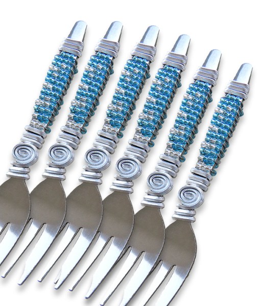 African Beaded Cake Forks Blue Silver | WHOLESALE