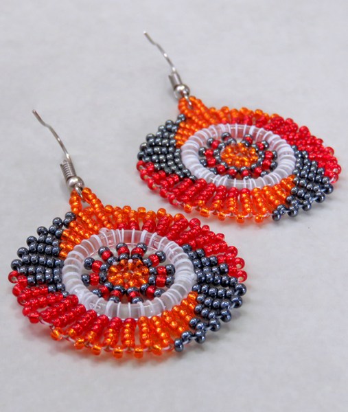 african beaded earrings circle red orange metallic grey 1