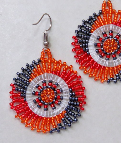 african beaded earrings circle red orange metallic grey 3