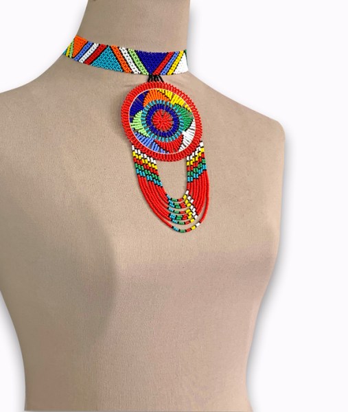 african beaded necklace large circle fringe red 19