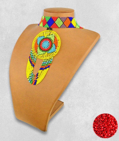 african beaded necklace large circle fringe red62