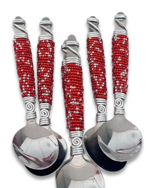 Beaded Christmas Teaspoons Red Silver