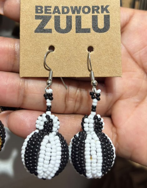 African Beaded Bobble Earrings Black White