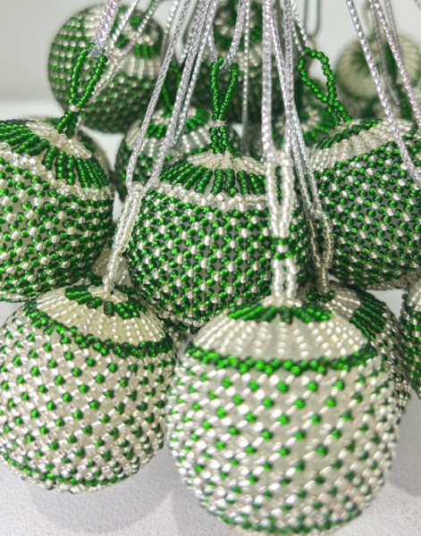 African Beaded Christmas Balls Green Silver