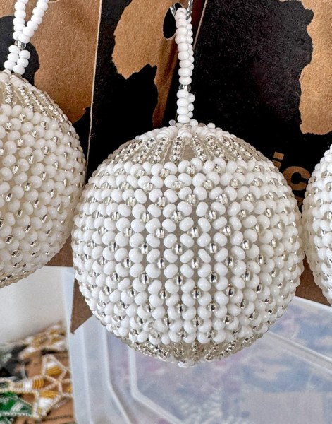 African Beaded Christmas Balls Silver White