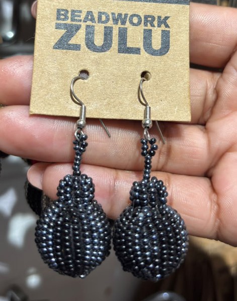 African Beaded Bobble Earrings Black Metallic