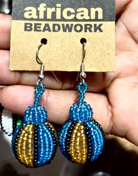 African Beaded Bobble Earrings Blue Gold Black