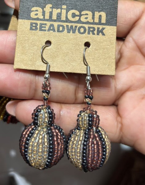 African Beaded Bobble Earrings Copper Metallic White-Gold