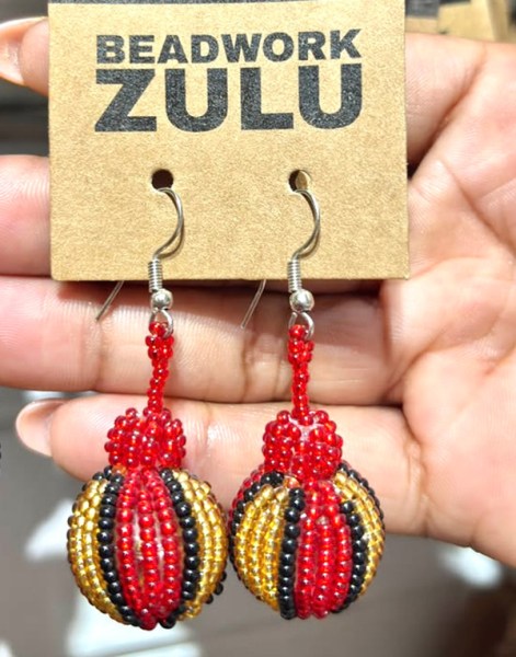 African Beaded Bobble Earrings Red Gold Black