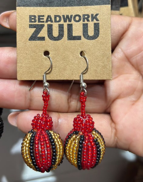 African Beaded Bobble Earrings Red Gold Black