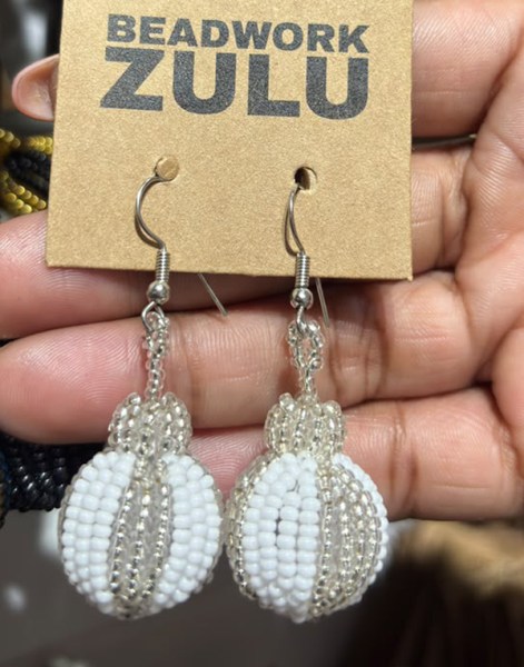 African Beaded Bobble Earrings Silver White