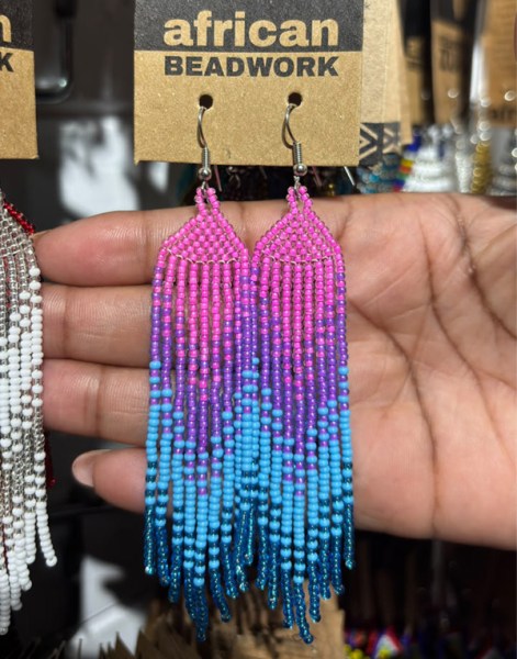 African Beaded Earrings Ilala Pink Lilac Aqua Shiny Blue