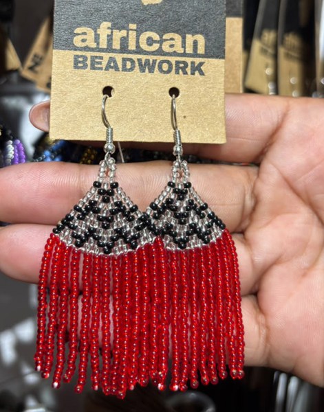 African Beaded Earrings Phinda Red Silver Black