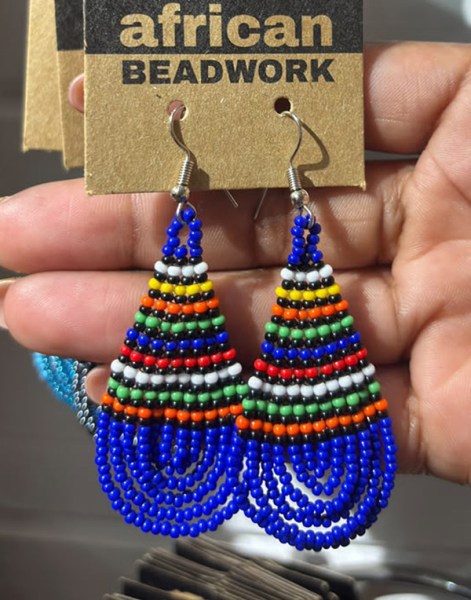 Small Beaded Ear Rings Teardrop African Colors Dark Blue