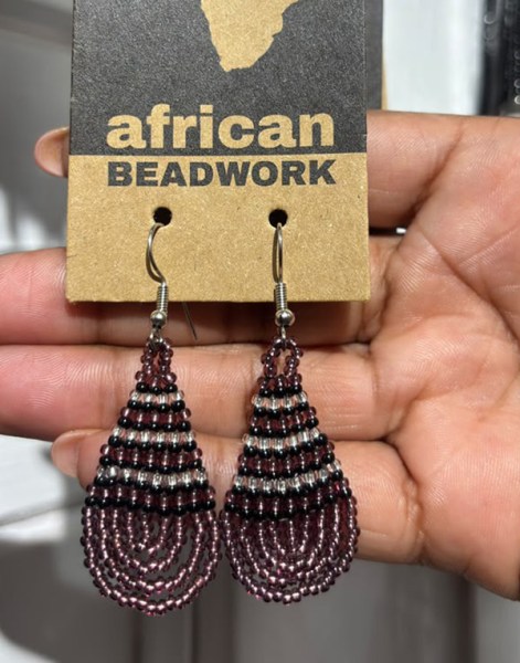 Small Beaded Ear Rings Teardrop Purple Silver Black