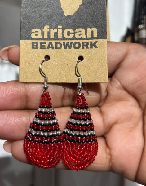 Small Beaded Ear Rings Teardrop Red Silver Black