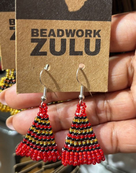 African Beaded Earrings Zulu Triangle Red Gold Black