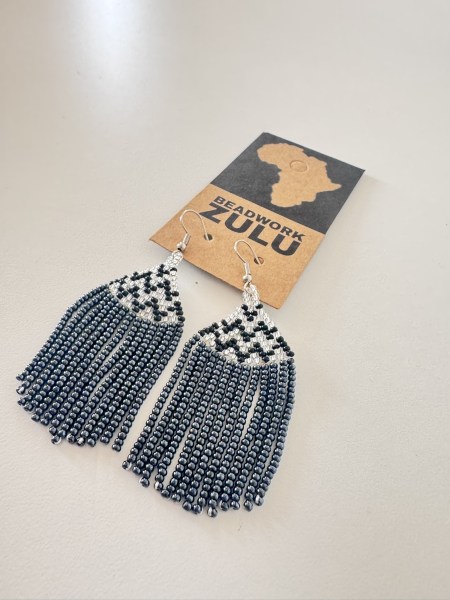 African Beaded Earrings Phinda Metallic Grey Silver Black