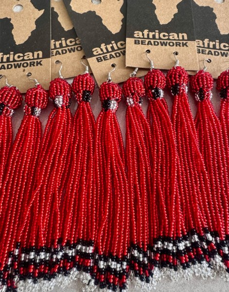 African Beaded Earrings Imbali Red Silver Black
