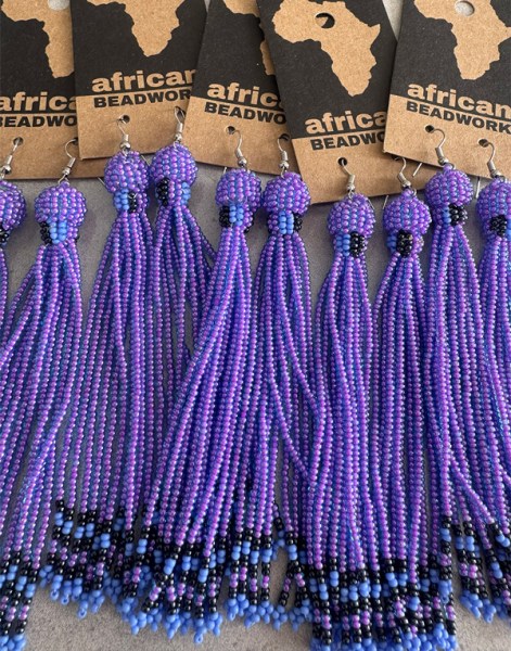 African Beaded Earrings Imbali Lilac Blue Metallic Grey
