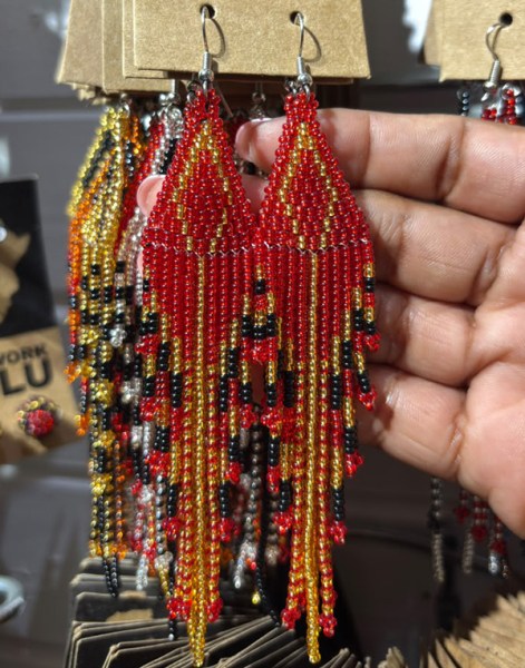 African Beaded Earrings Mkuze Red Gold Black