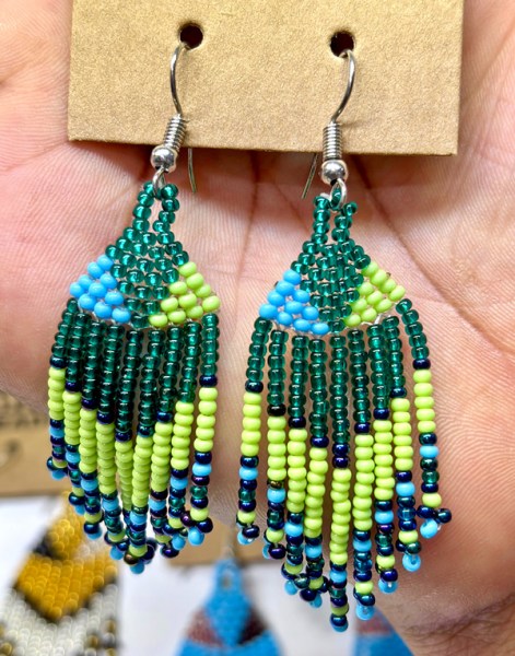 Beaded Short Tassel Earrings Lime Nebula Aqua Jade