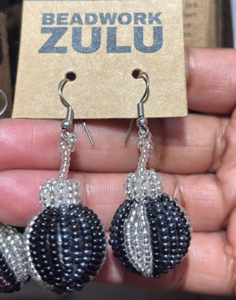 African Beaded Bobble Earrings Black Silver Metallic