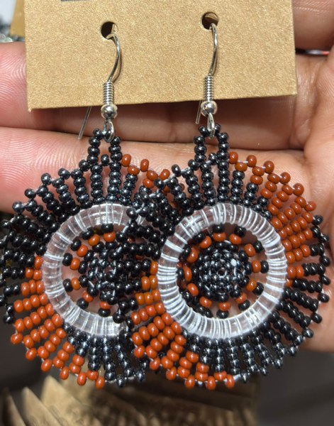 Beaded Circle Earrings Brown Black Metallic