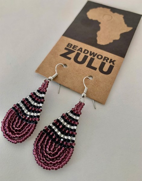 Small Beaded Ear Rings Teardrop Purple Silver Black