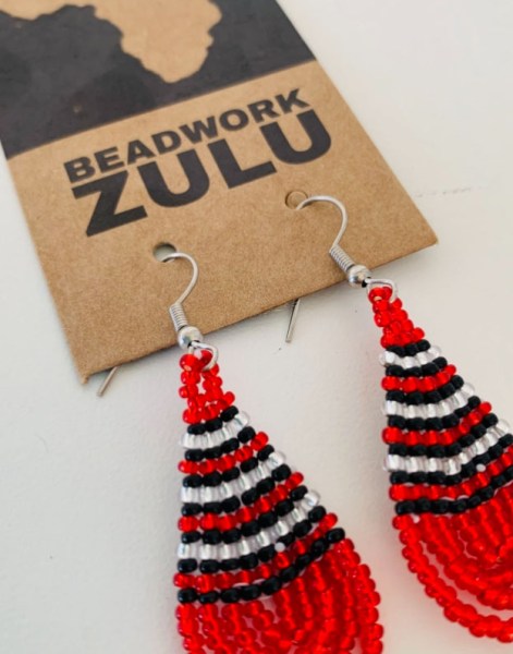 Small Beaded Ear Rings Teardrop Red Silver Black