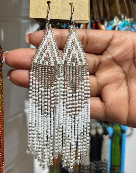 African Beaded Earrings Thonga Silver White