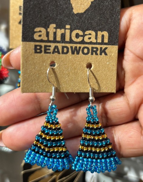 African Beaded Earrings Zulu Triangle Blue Black Gold