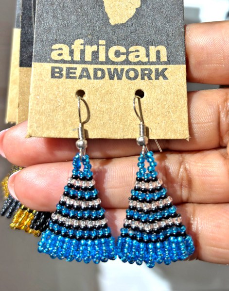African Beaded Earrings Zulu Triangle Blue Silver Black