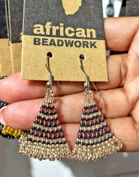 African Beaded Earrings Zulu Triangle Copper Metallic White-Gold