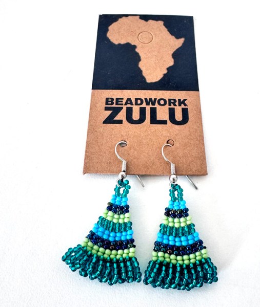 African Beaded Earrings Zulu Triangle Lime Navy Blue Jade