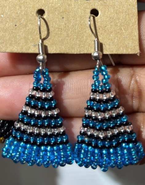 African Beaded Earrings Zulu Triangle Blue Silver Black