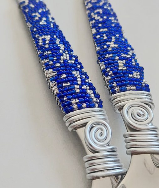 African Beaded Salad Servers Silver Dark Blue