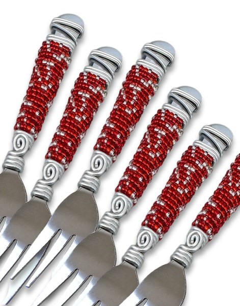 Beaded Christmas Cake Forks Red Silver | SET X6