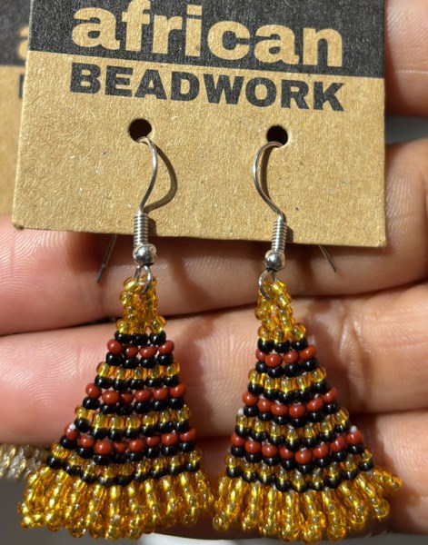 African Beaded Earrings Zulu Triangle Gold Black Brown